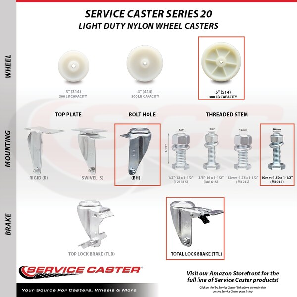 Service Caster 5 Inch SS Nylon Wheel 10mm Threaded Stem Caster Total Lock Brake SCC, 2PK SCC-SSTSTTL20S514-NYS-M1015-2-S-2 - main